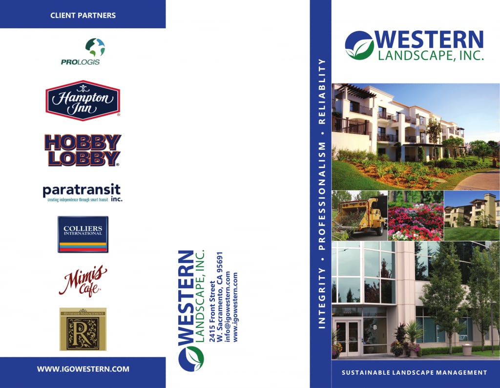 Western Landscape tri-fold brochure, outside panels: company overview, services and contact information