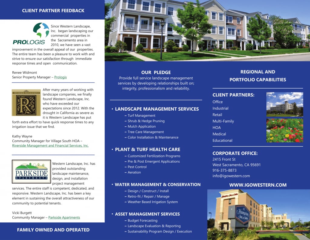 Western Landscape tri-fold brochure, inside panels: landscape management, enhancements and irrigation services